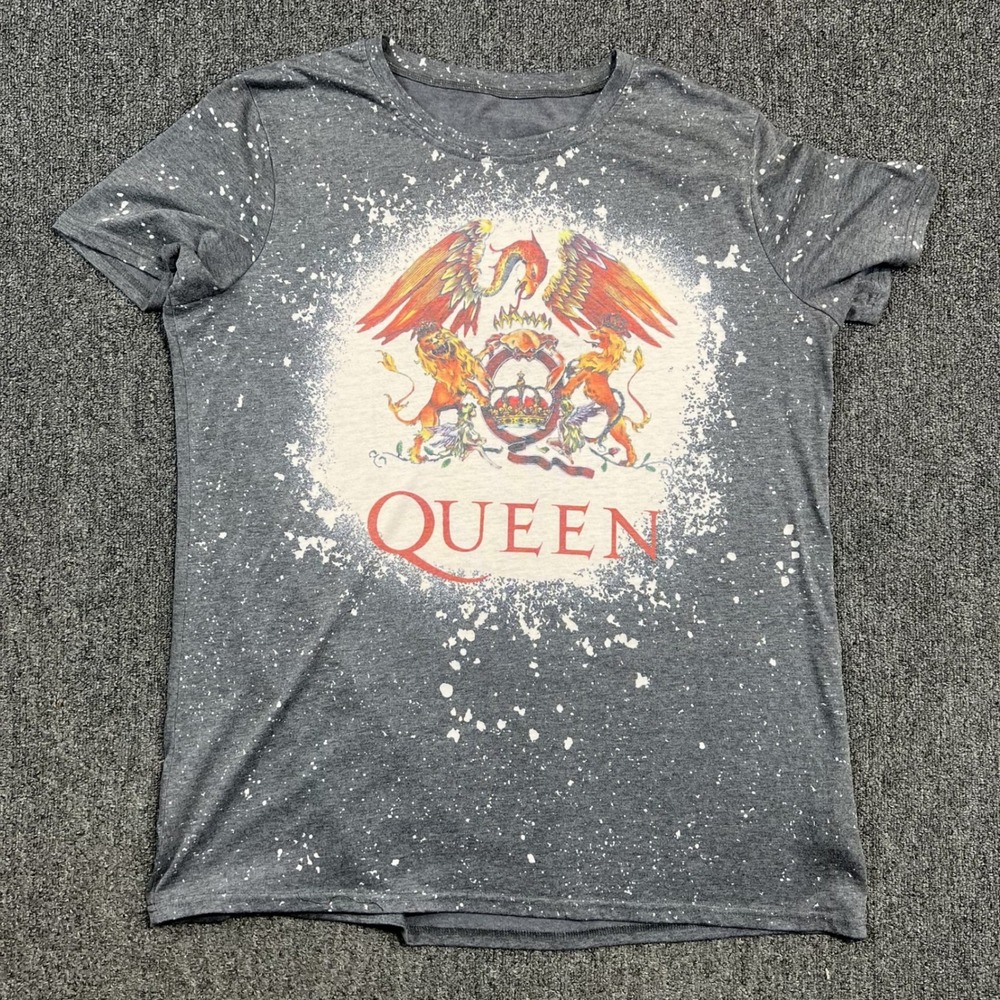 Queen Rock Band Crest Graphic Tee XXL Gray Bleached Splatter Streetwear Grunge